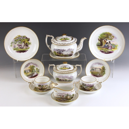 574 - A Staffordshire part tea service, probably New Hall, early 19th century, comprising: a London shape ... 