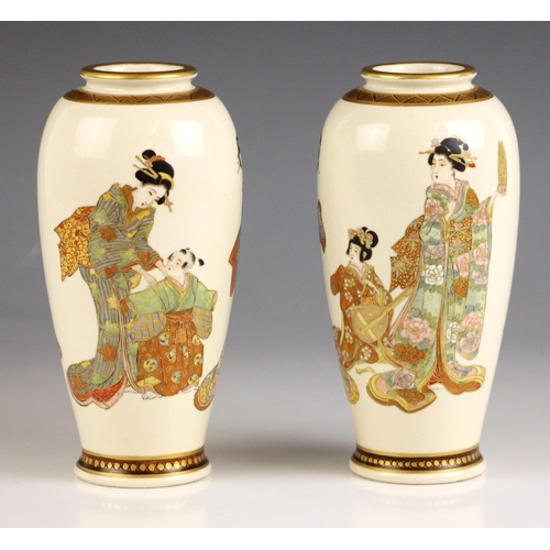 590 - A pair of Japanese Satsuma porcelain vases, Meiji Period (1868-1912), each vase of cylindrical ovoid... 