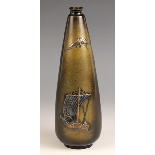 591 - A Japanese polished bronze vase, 20th century, the slender tapering vase applied with a ship at sea,... 