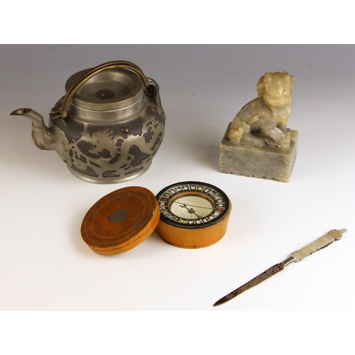 596 - A selection of Chinese objects of virtue to include a 19th century white metal and pale celadon jade... 