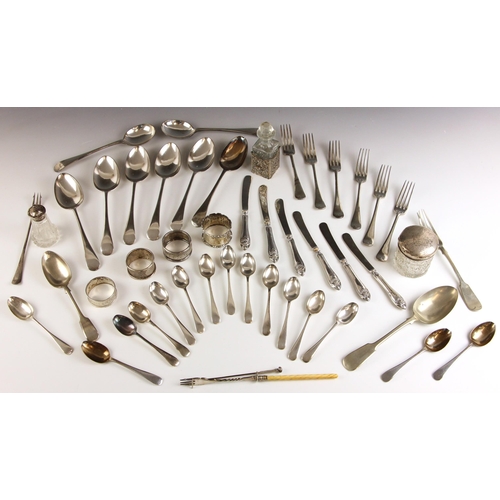 62 - A selection of silver and silver plated flatware, including an Edwardian silver mounted dressing tab... 