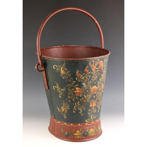 622 - A vintage metal log or coal bucket of large proportions, probably Dutch, the front painted with an e... 