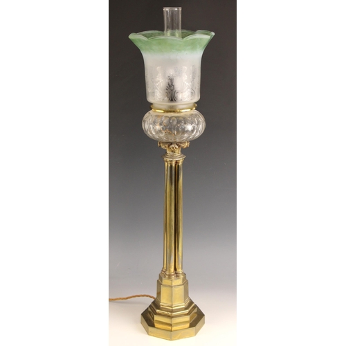 654 - A Victorian lacquered brass oil lamp, 19th century, the central Corinthian column formed of four pla... 