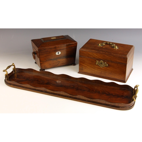 693 - A William IV rosewood tea caddy, of sarcophagus form, the hinged cover inlaid with a mother of pearl... 