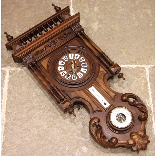 704 - A French walnut cased wall mounted weather station clock, late 19th century, the spindle gallery ove... 