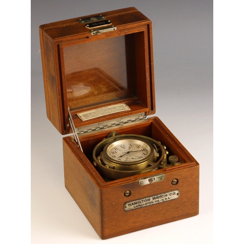 707 - An American WWII Hamilton marine chronometer watch, Model 22, circa 1943, the two tier mahogany box ... 