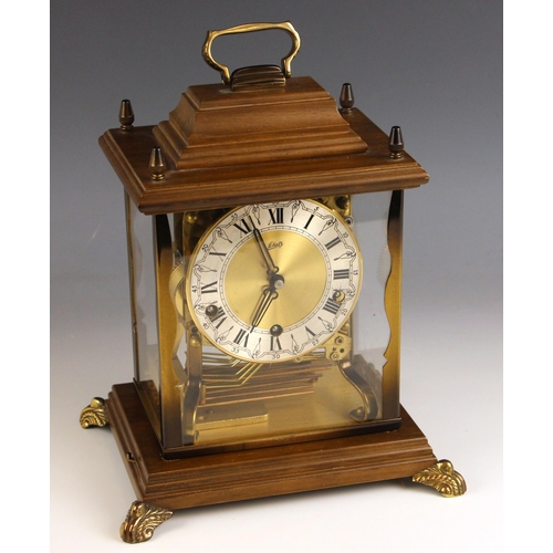 708 - A Schatz chiming mantel clock, late 20th century, the 11cm gilt coloured and silvered dial with thre... 