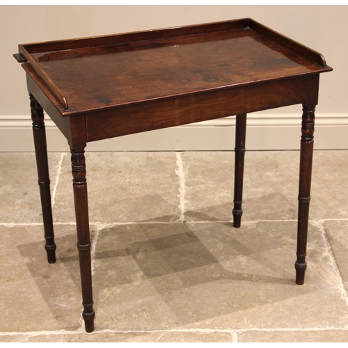 728 - A George III mahogany side table, of cottage proportions, the rectangular top with a three quarter g... 