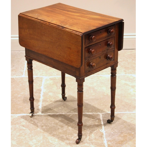 741 - A mahogany work table, early 19th century, the drop leaf moulded top with a reeded edge over two dra... 