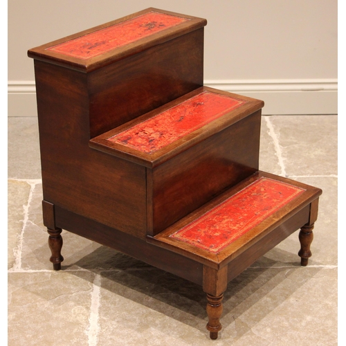 756 - A set of Regency mahogany and red leather inset library steps, the upper step hinged opening to a co... 