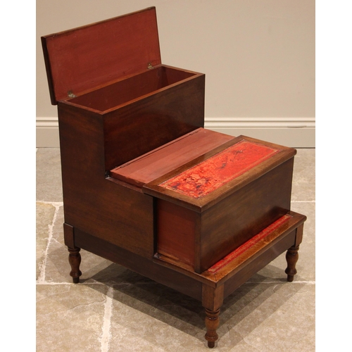 756 - A set of Regency mahogany and red leather inset library steps, the upper step hinged opening to a co... 