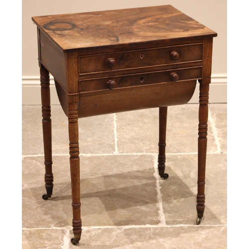 757 - A George III mahogany sewing work table, formed with a cock beaded, red paper lined drawer over a co... 