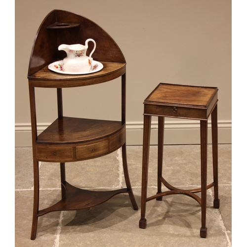 763 - A George III and later mahogany kettle stand, the square top with a moulded rim over a sliding candl... 