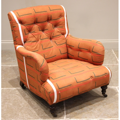 766 - A Victorian walnut armchair, by Charles Hindley & Sons, London, later re-covered in geometric patter... 