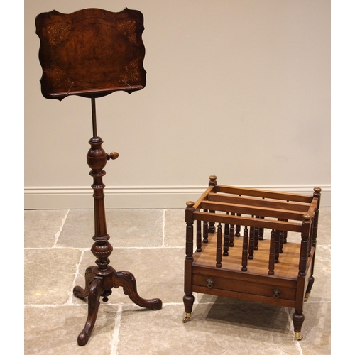 794 - A Victorian figured walnut music stand, the shaped and inlaid rest upon an adjustable brass support,... 