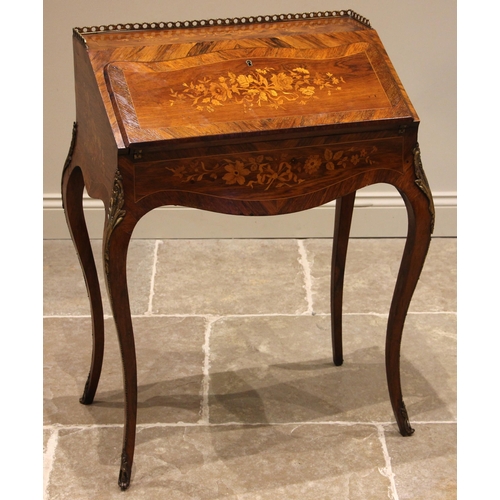 795 - A Louis XV revival rosewood and kingwood bureau de dame, late 19th century, the brass openwork galle... 