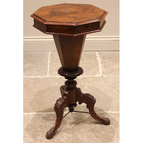 798 - A Victorian walnut and burr walnut sewing table, of tapering octagonal form, the burr cover opening ... 