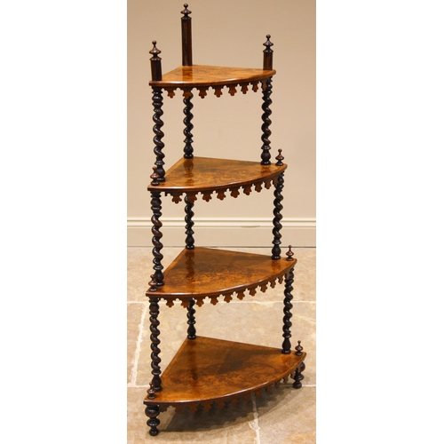 814 - A Victorian burr walnut four tier corner whatnot, each of the graduated tiers with a inverted fretwo... 