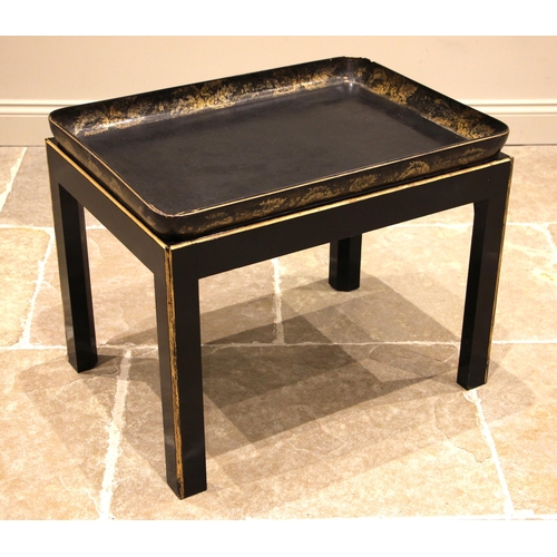 825 - A black lacquered tray top coffee table, 19th century and later, the removable Victorian Japanned pa... 