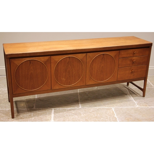 843 - A mid 20th century modern Patrick Lee for Nathan teak 'Circles' sideboard, the three cupboard doors ... 