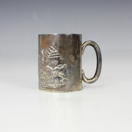 97 - An Edwardian silver christening mug, Joseph Gloster, Birmingham 1906, the cylindrical mug with embos... 