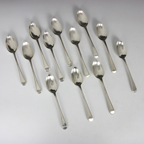 21 - A set of four George III silver Old English bead pattern table spoons, John Lambe, London 1782, of t... 