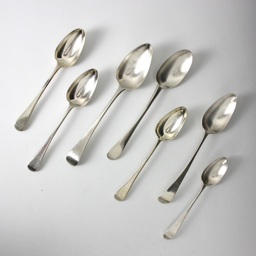 22 - A group of seven Old English pattern spoons, including a set of three George III dessert spoons, Sam... 