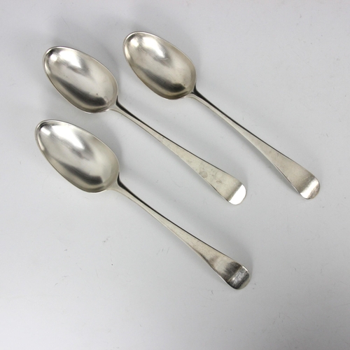 23 - A pair of 18th century silver Old English pattern table spoons, indistinct makers mark, possibly 174... 