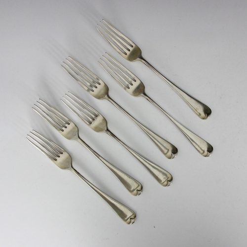 24 - A set of six Victorian silver Hanoverian table forks, Charles Boyton, London 1900, of typical form, ... 