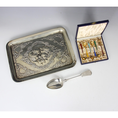 36 - A group of silver and silver plated items, including a cased set of Ela enamel spoons, with openwork... 