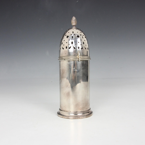 38 - A continental white metal sugar caster, possibly Dutch, of lighthouse form with pierced screw-off co... 