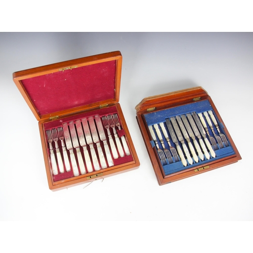 43 - A cased set of Mappin and Webb silver plate and mother of pearl handled flat ware, comprising knives... 