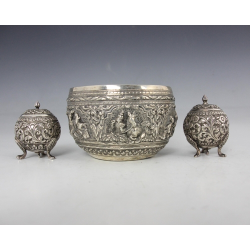 45 - A white metal Anglo-Indian bowl, of bulbous form with embossed continuous decoration depicting figur... 