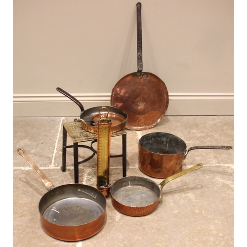 644 - A 19th century copper saucepan, the handle stamped Gaskell and Chambers, 26cm diameter, three furthe... 