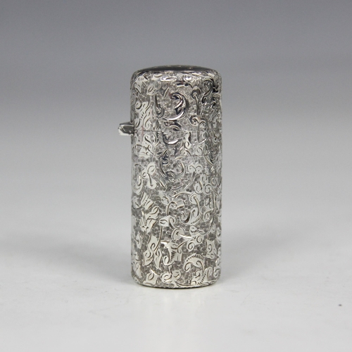 68 - A Victorian silver mounted scent bottle, Sampson Mordan, London 1881, of cylindrical form with all o... 