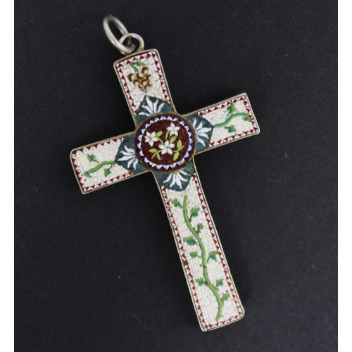 165 - A 20th century micro mosaic cross pendant, the white hardstone background with foliate decoration an... 