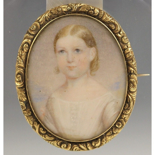 349 - English School (19th century), 
A portrait miniature depicting a bust length portrait of a young gir... 