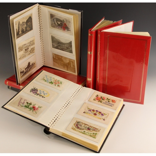 629 - A collection of nearly six hundred postcards to six albums, to include sixteen World War I embroider... 