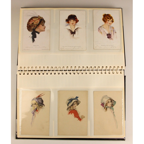 629 - A collection of nearly six hundred postcards to six albums, to include sixteen World War I embroider... 