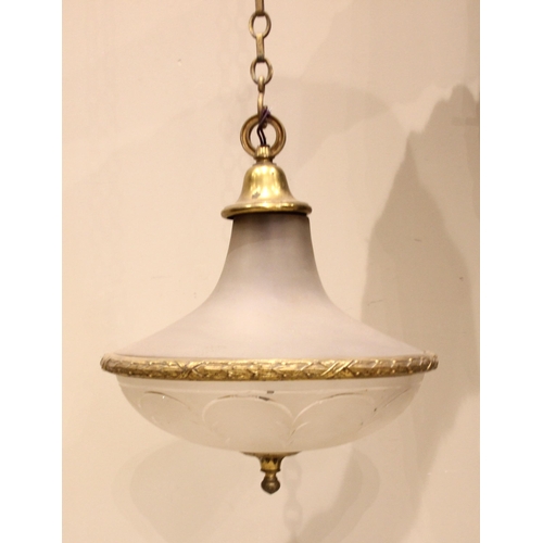 657 - A frosted glass pendant light fitting, early to mid 20th century, the shade of domed and trumpet for... 