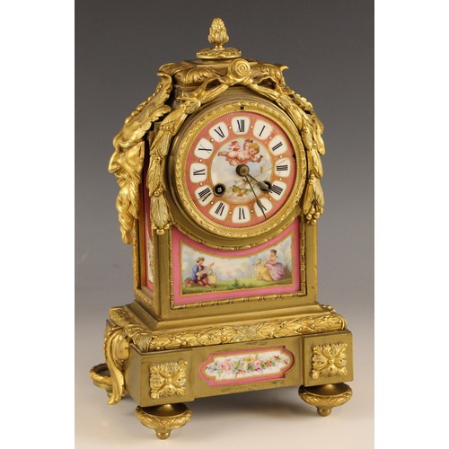 697 - A 19th century French ormolu and pink porcelain inset 8 day mantel clock, movement by Japy Freres, t... 