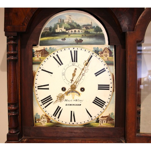 712A - A 19th century oak and mahogany cased longcase clock signed Hurt and Wray Birmingham, the twin swan ... 