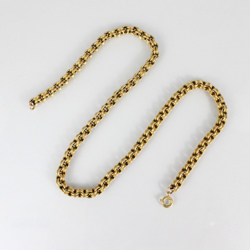 272 - A yellow metal choker style chain, of double trace link design, with applied ‘9c’ pad, bolt ring fas... 