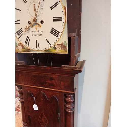 712A - A 19th century oak and mahogany cased longcase clock signed Hurt and Wray Birmingham, the twin swan ... 