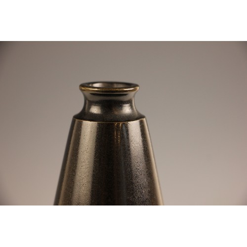 591 - A Japanese polished bronze vase, 20th century, the slender tapering vase applied with a ship at sea,... 