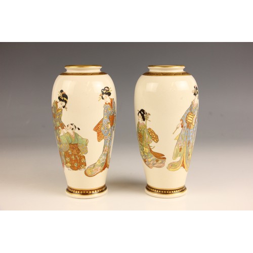 590 - A pair of Japanese Satsuma porcelain vases, Meiji Period (1868-1912), each vase of cylindrical ovoid... 