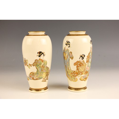 590 - A pair of Japanese Satsuma porcelain vases, Meiji Period (1868-1912), each vase of cylindrical ovoid... 