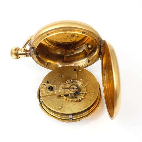 158 - A late 19th century 'Langford' 18ct yellow gold full hunter pocket watch, the white enamel dial with... 