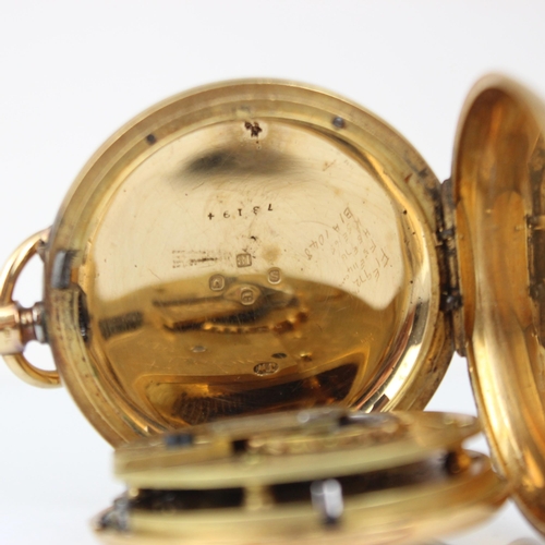 158 - A late 19th century 'Langford' 18ct yellow gold full hunter pocket watch, the white enamel dial with... 