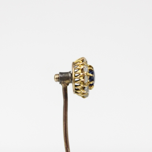 199 - A 19th century diamond and untested sapphire stick pin, the central cushion cut sapphire within surr... 